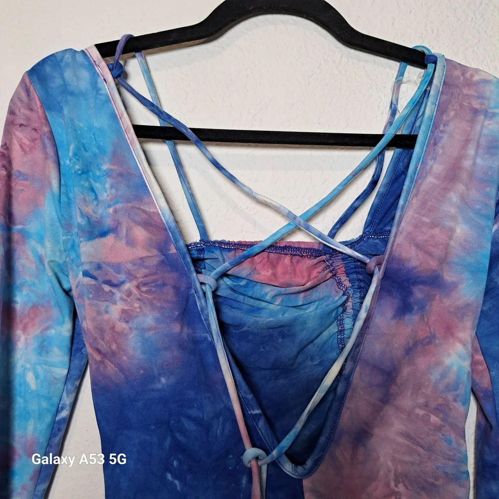Tie-Dye Ruched Dress with Flared Sleeves